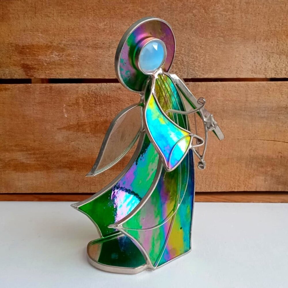 Vintage Stained Glass Green Angel + Harp Figurine, 3D Art, Christmas Nativity De